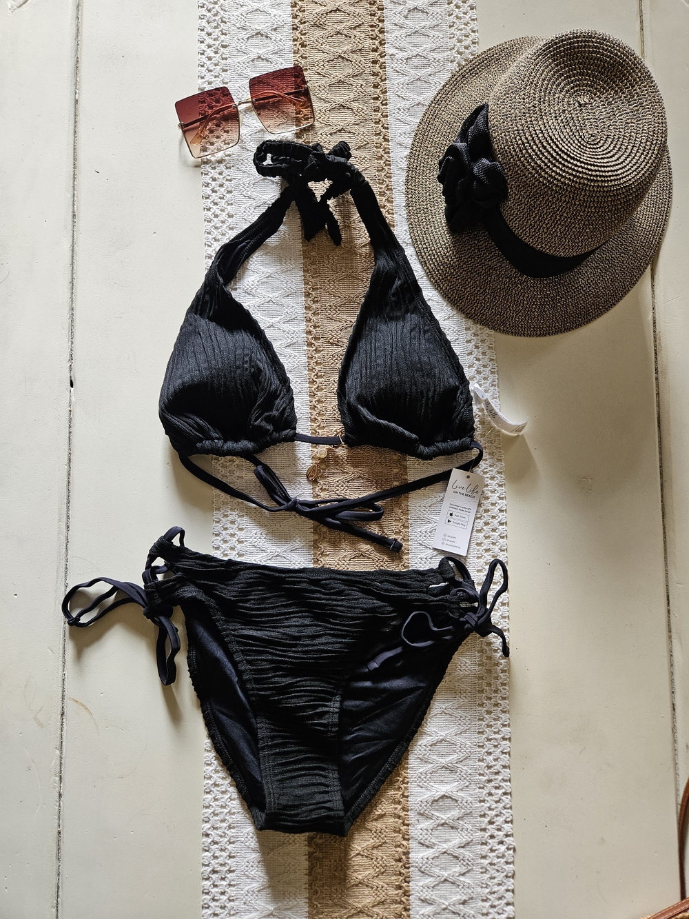 NWT Cupshe Black Textured Tie-Side Bikini Size M